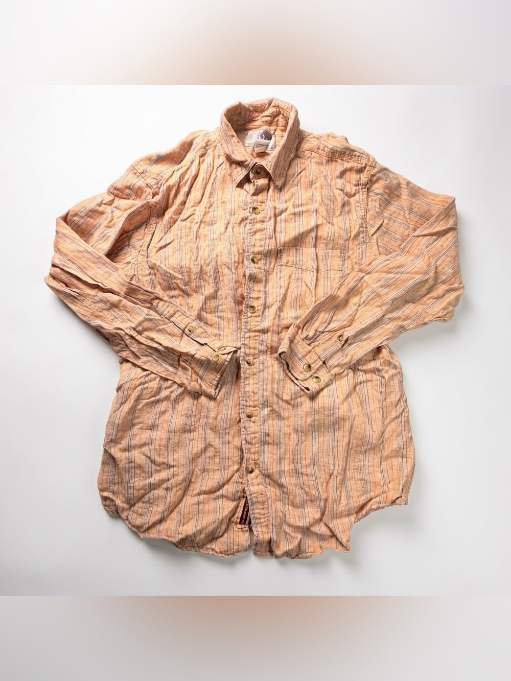 The Territory Ahead Striped Linen Button Up Shirt Men Size L Orange